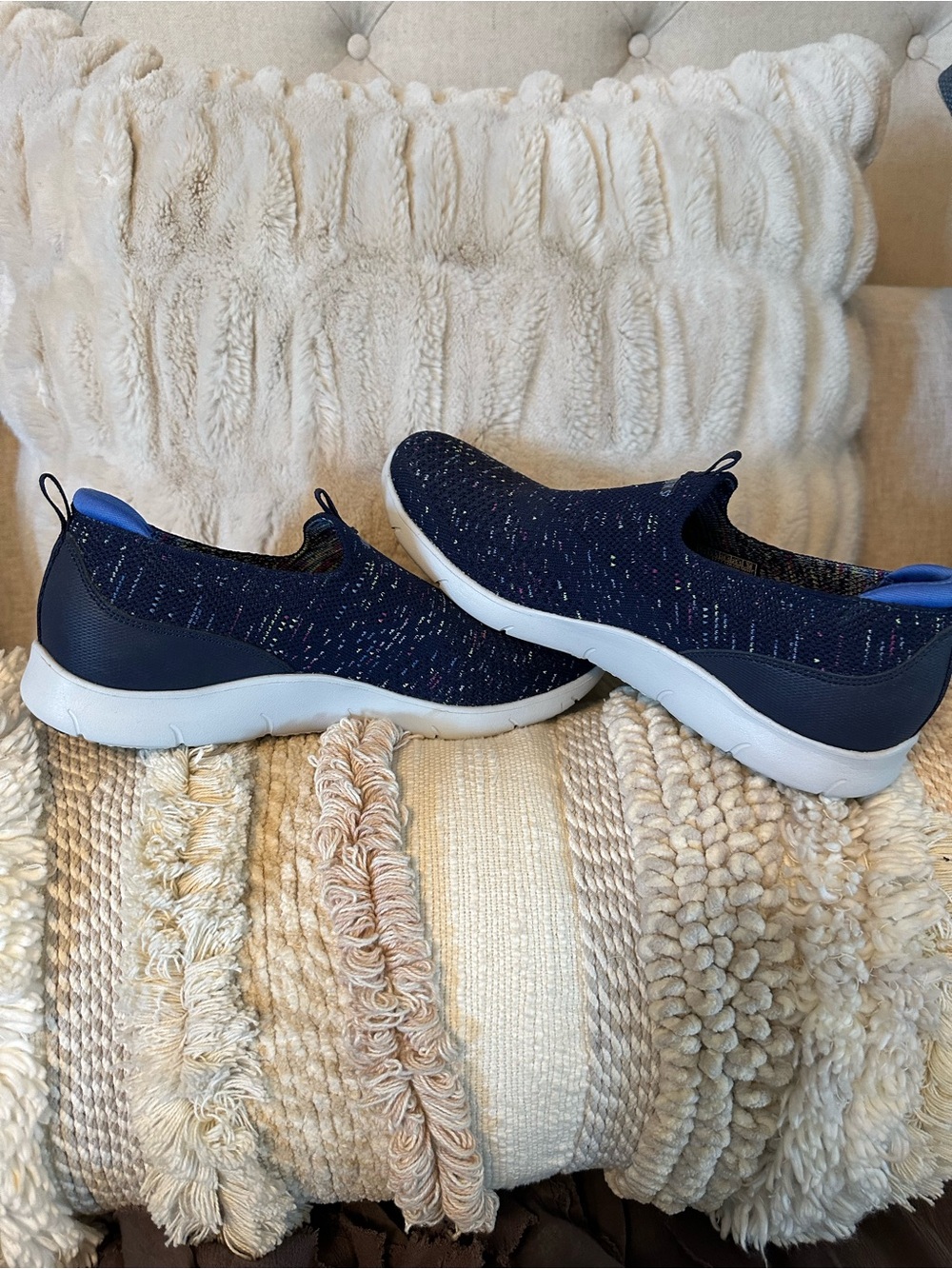 Skechers Navy Knit Slip-On Arch Fit Sneakers with Multicolor Flecks